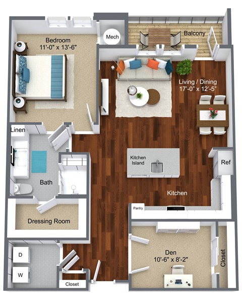 Floor plan for 2 beds, 1 bath, 958 sqft